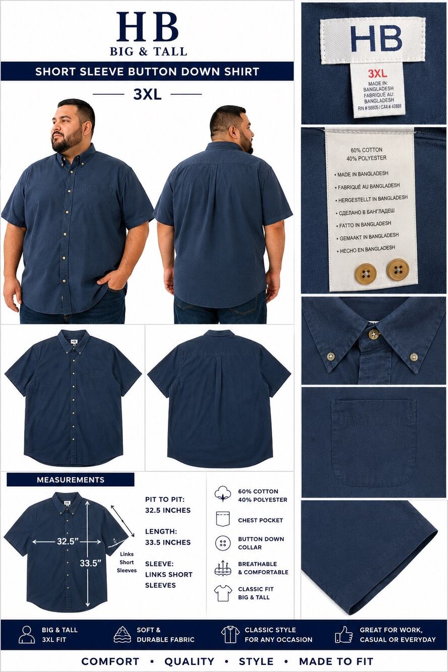 HB Big & Tall 3XL Blue Short Sleeve Button Down Shirt Cotton Blend Casual